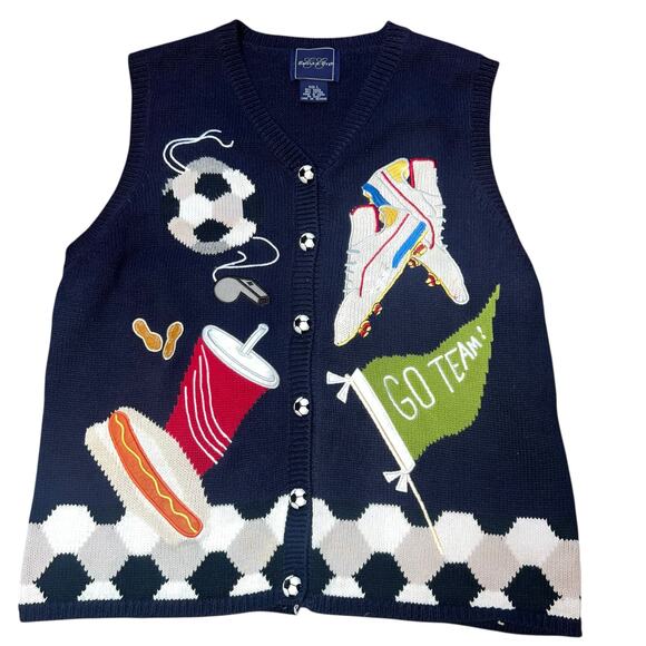 Vintage Soccer Go Team Sports Theme Sweater Vest Hot Dog Whistle Embroidered L - Picture 1 of 7
